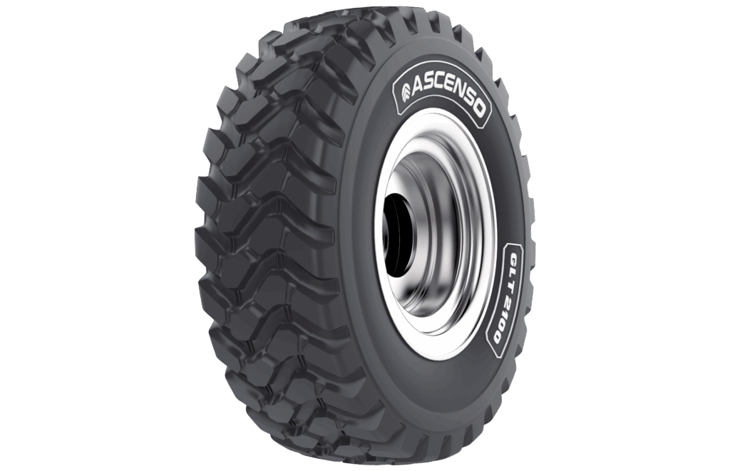 Ascenso GLT 2100 tire with deep, rugged tread mounted on a metal rim, shown on a white background.