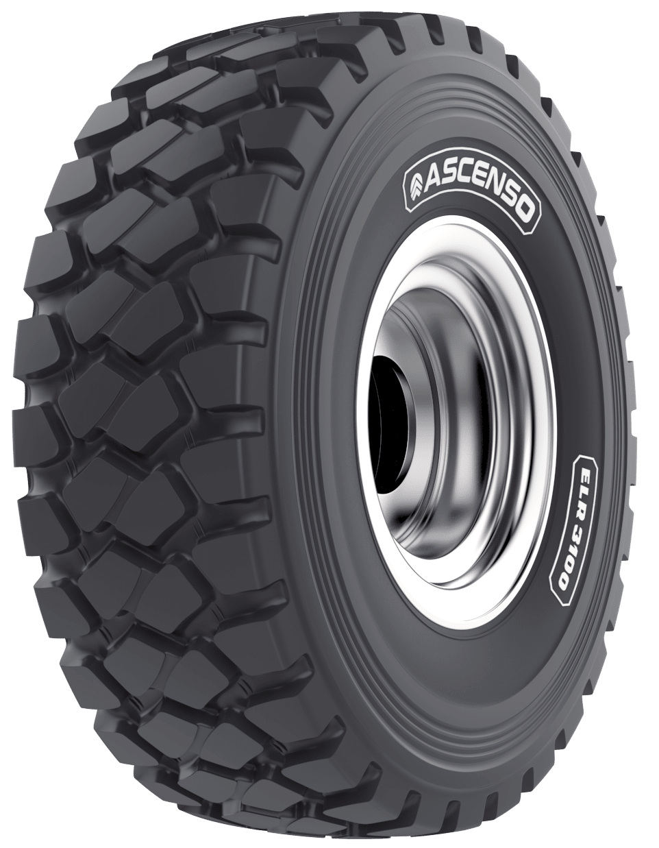Three-quarter view of an Ascenso ELR 3100 industrial tire mounted on a wheel rim with a block tread pattern.