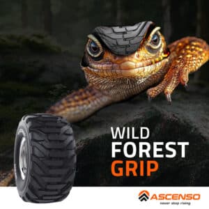 Tire next to words "wild forest grip" under an image of a lizard.