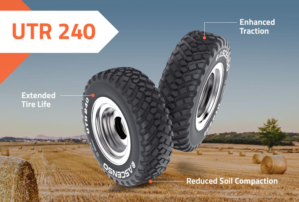 An image of the UTR 240 tire, showcasing the enhanced traction, extended tire life, and reduced soil compaction.