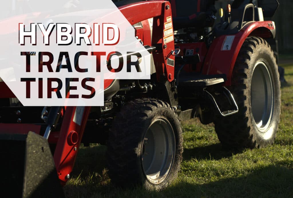 Tractor with UTR 240 tires on it, gleaming in the sunlight with the text Hybrid Tractor Tires overtop.