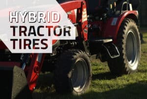 Tractor with UTR 240 tires on it, gleaming in the sunlight with the text Hybrid Tractor Tires overtop.